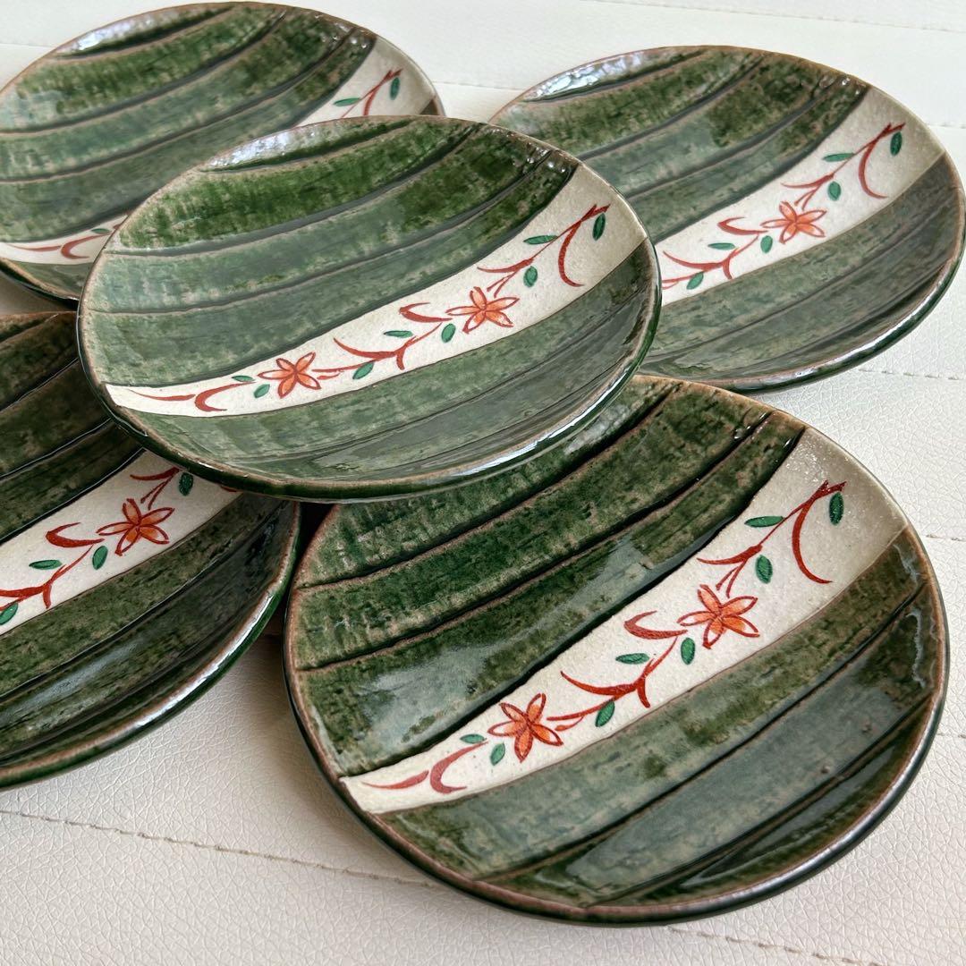 たち吉　橘吉　織部　赤絵　銘々皿揃　５枚セット　瀬戸焼　粉引き　土物　取り皿